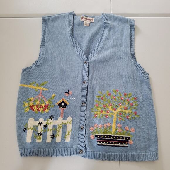 Vintage Cottagcore Bechamel Sweater Vest Womens Large Blue Embroidered Garden - Picture 1 of 9